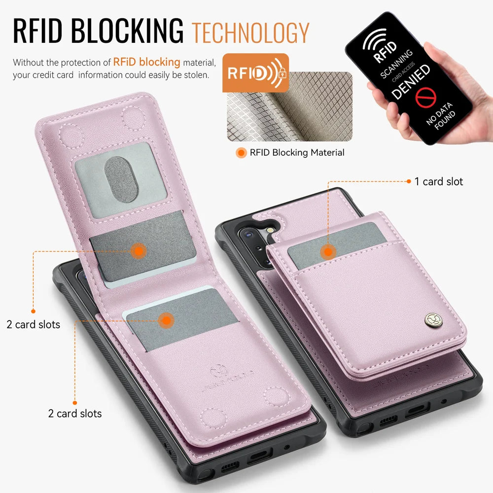 JEEHOOD For Samsung Galaxy Note 10 4G Leather Back Cover Magnetic Case  J06 Phone Case with Card Bag RFID Blocking - Pink - 3
