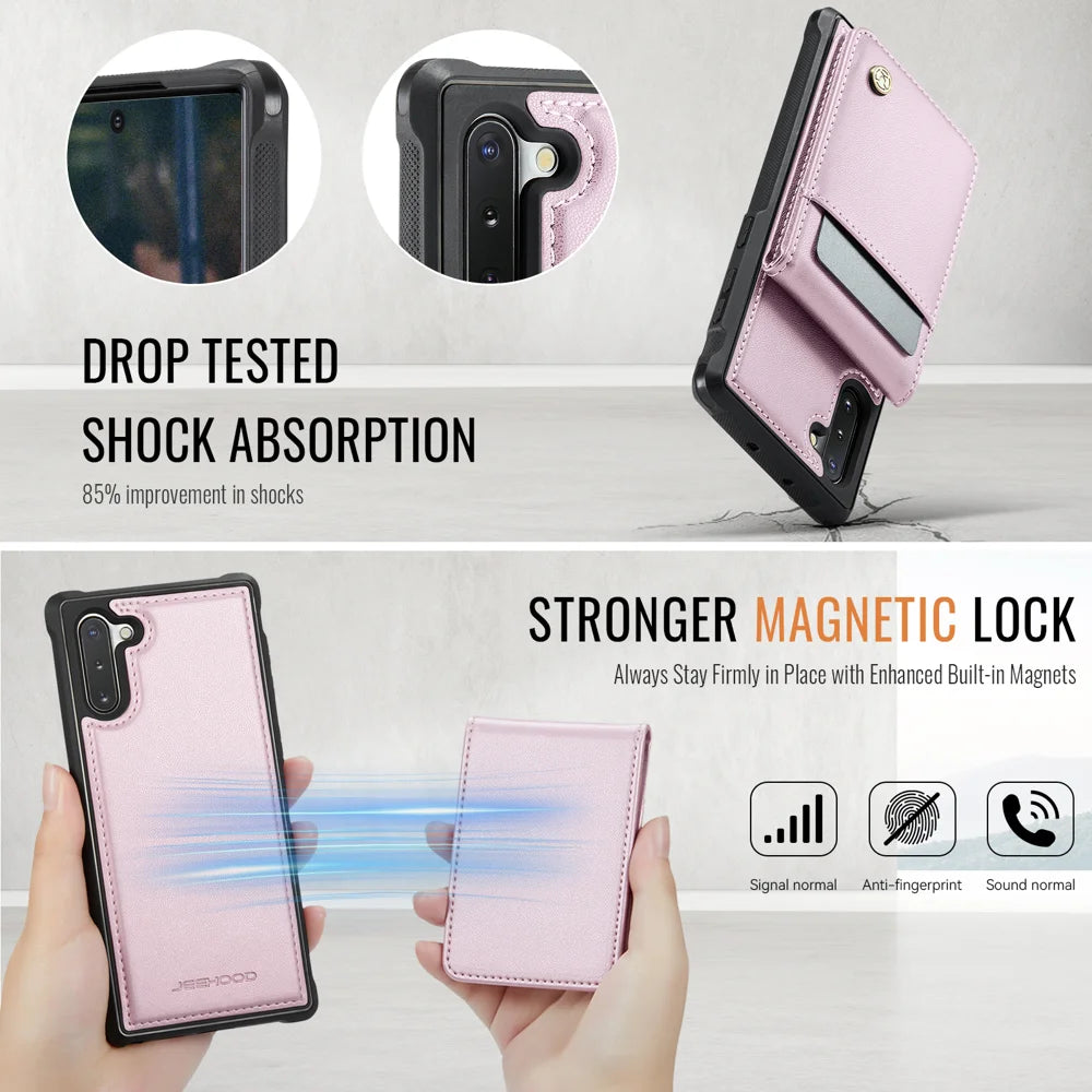 JEEHOOD For Samsung Galaxy Note 10 4G Leather Back Cover Magnetic Case  J06 Phone Case with Card Bag RFID Blocking - Pink - 5