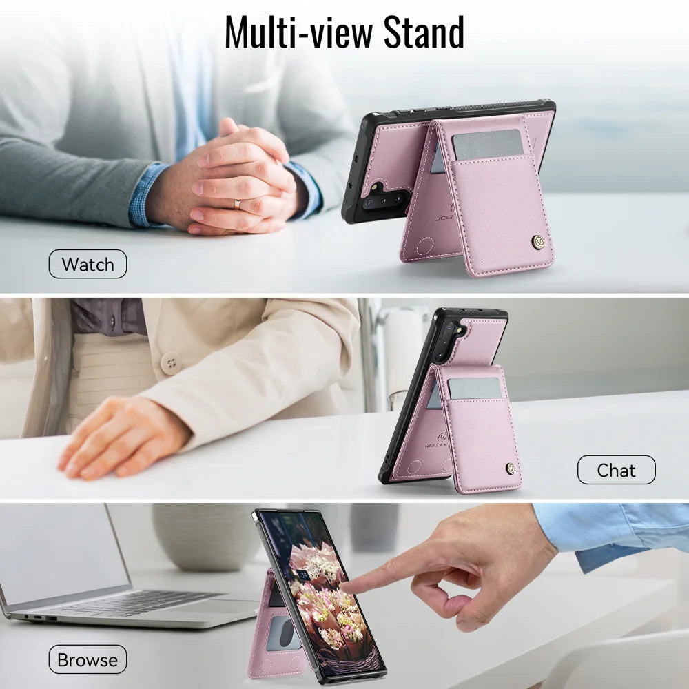 JEEHOOD For Samsung Galaxy Note 10 4G Leather Back Cover Magnetic Case  J06 Phone Case with Card Bag RFID Blocking - Pink - 6