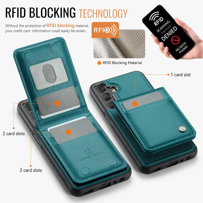 JEEHOOD For Samsung Galaxy A15 5G / Galaxy A15 4G Leather Back Cover Magnetic Case  J06 Phone Case with Card Bag RFID Blocking - Blue - 3
