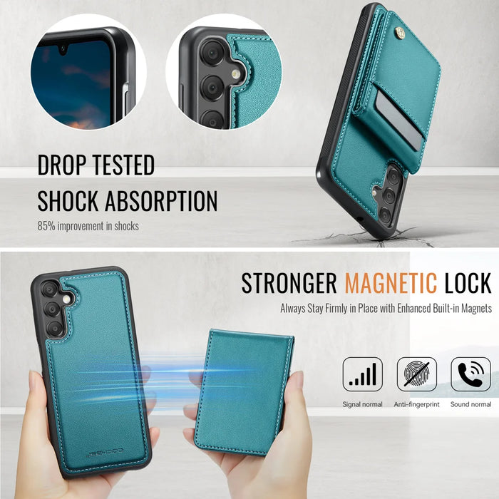 JEEHOOD For Samsung Galaxy A15 5G / Galaxy A15 4G Leather Back Cover Magnetic Case  J06 Phone Case with Card Bag RFID Blocking - Blue - 5
