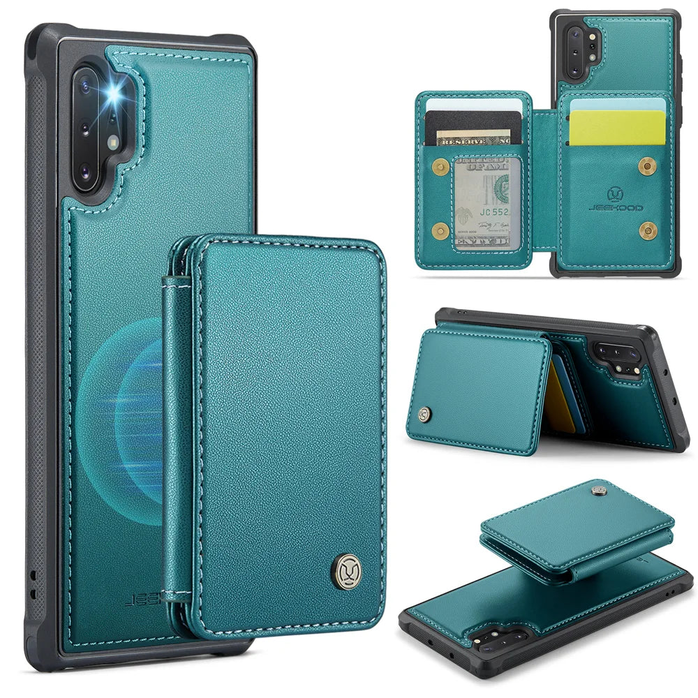 JEEHOOD For Samsung Galaxy Note 10 Plus 4G Case  J05 Leather Mobile Cover with Detachable Magnetic Card Bag - Blue - 1