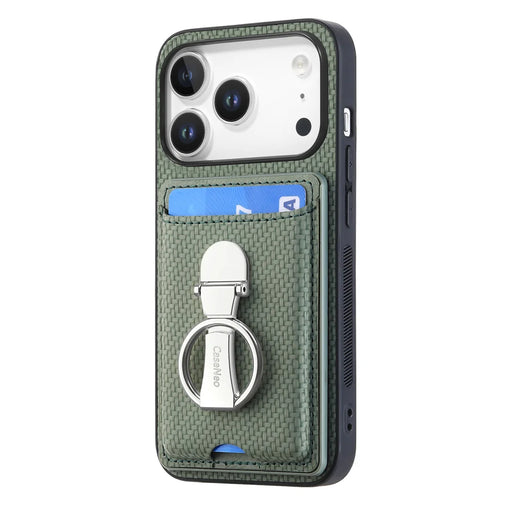 CASENEO For iPhone 18 Pro / 17 Pro Leather Phone Back Cover with Kickstand and Card Slots Carbon Fiber Texture - Green - 1