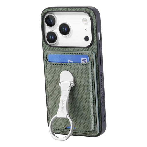 CASENEO For iPhone 18 Pro / 17 Pro Leather Phone Back Cover with Kickstand and Card Slots Carbon Fiber Texture - Green - 2