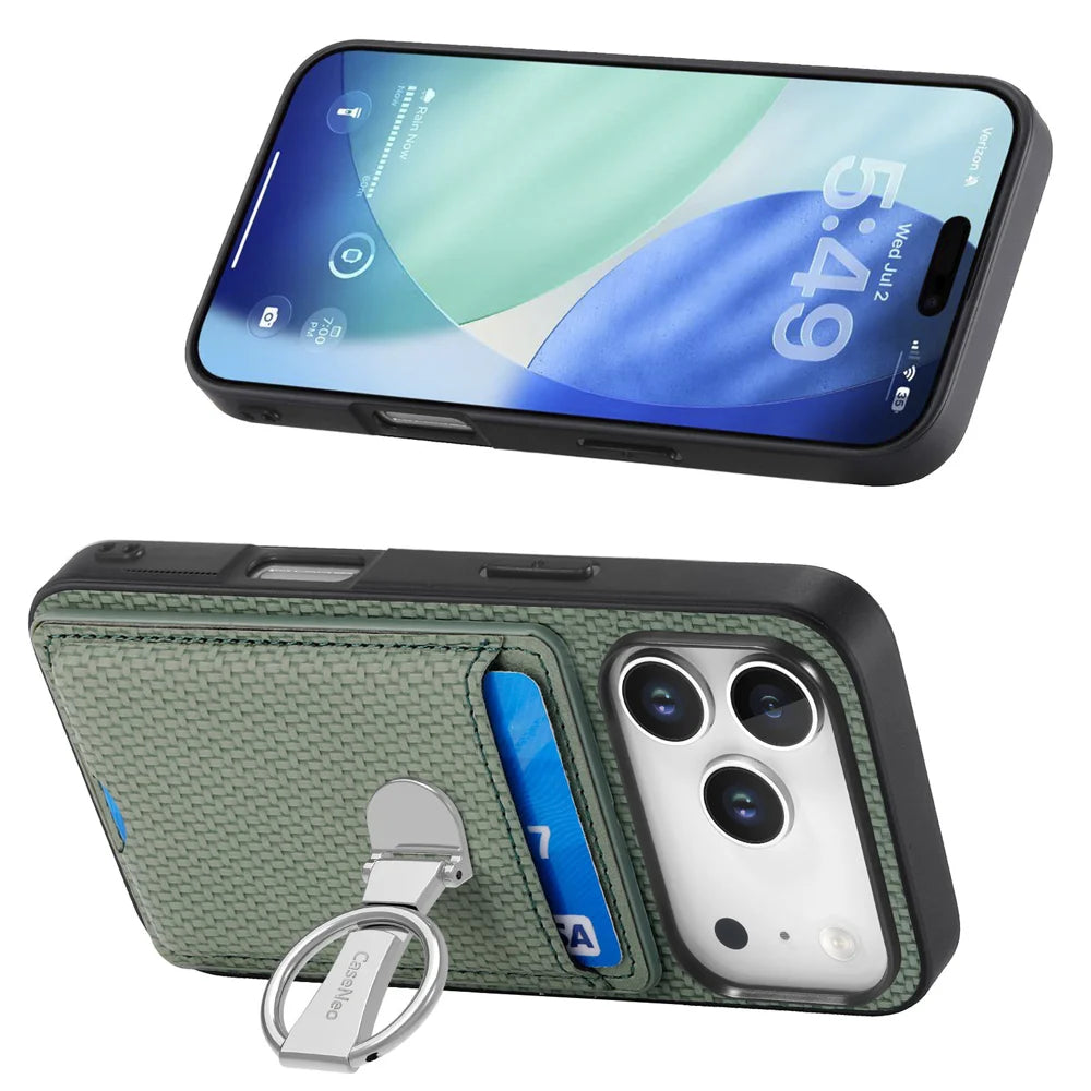 CASENEO For iPhone 18 Pro / 17 Pro Leather Phone Back Cover with Kickstand and Card Slots Carbon Fiber Texture - Green - 4