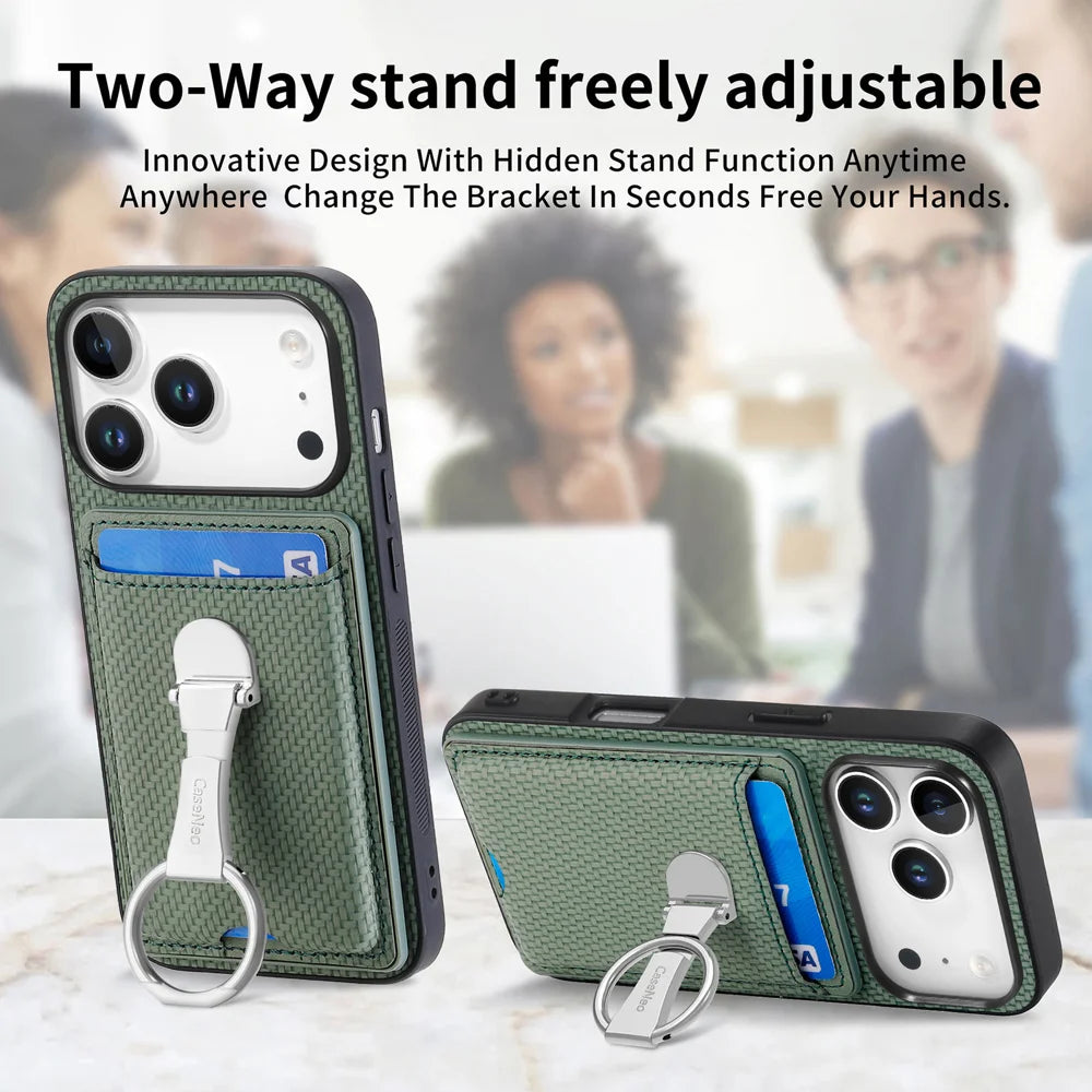 CASENEO For iPhone 18 Pro / 17 Pro Leather Phone Back Cover with Kickstand and Card Slots Carbon Fiber Texture - Green - 5