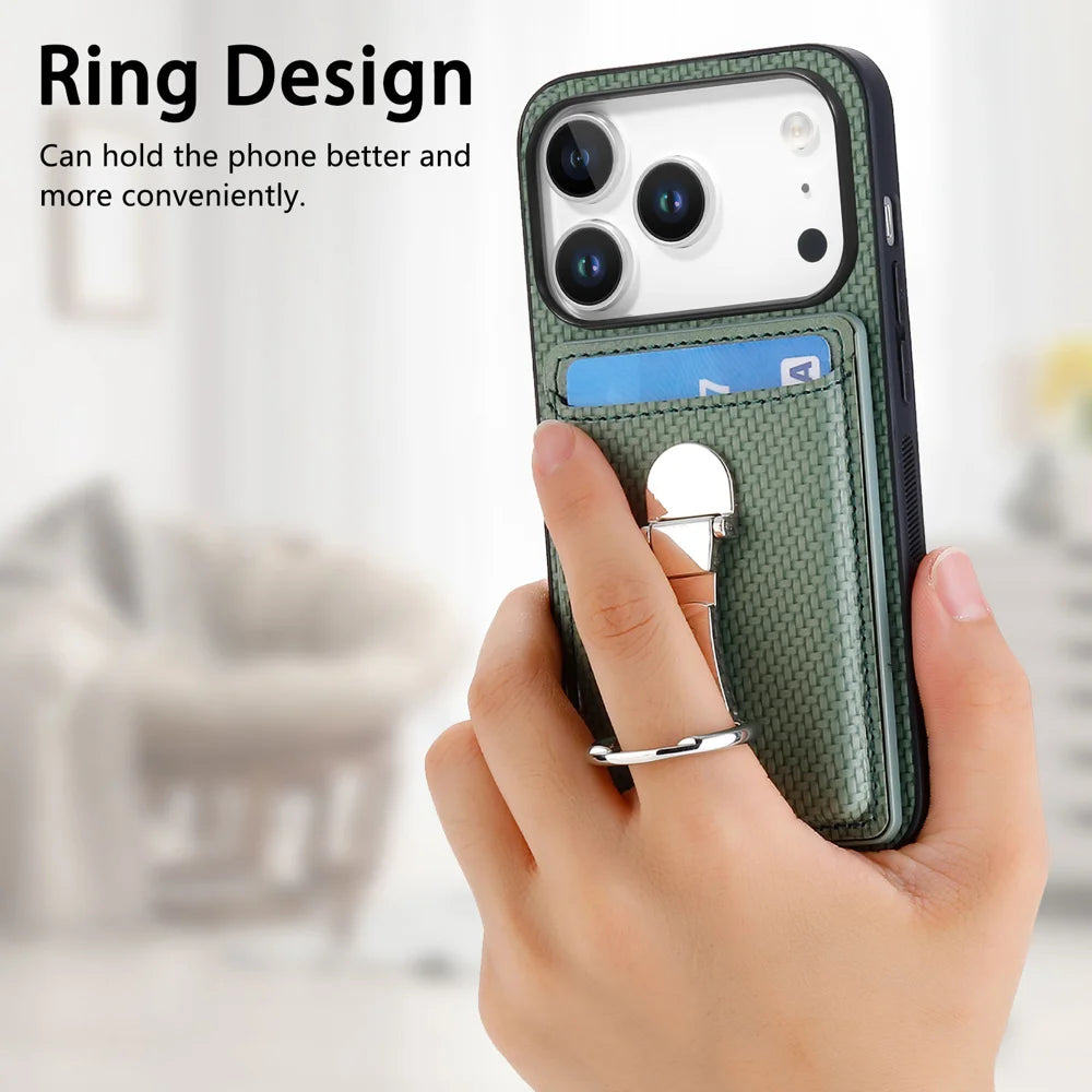 CASENEO For iPhone 18 Pro / 17 Pro Leather Phone Back Cover with Kickstand and Card Slots Carbon Fiber Texture - Green - 6