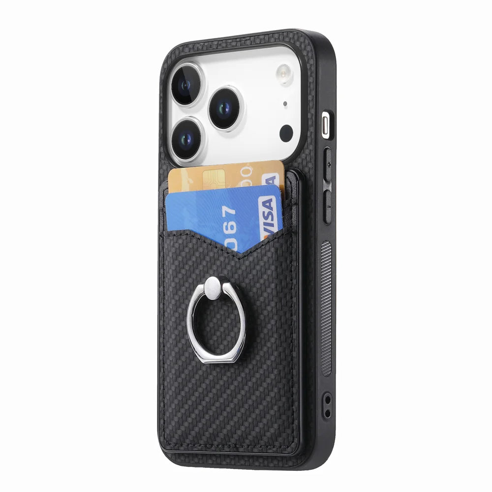 For iPhone 17 Pro Case Card Slots Ring Holder Kickstand Phone Cover - Black - 2