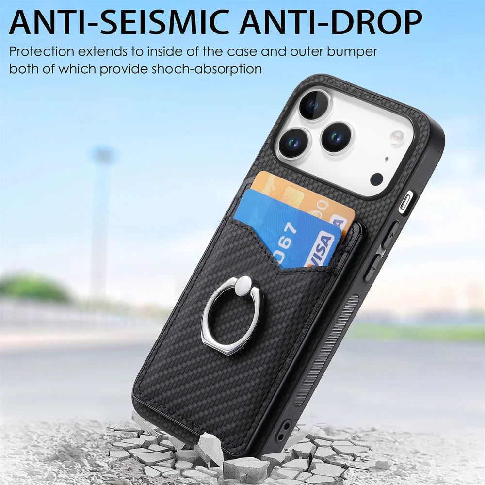 For iPhone 17 Pro Case Card Slots Ring Holder Kickstand Phone Cover - Black - 6