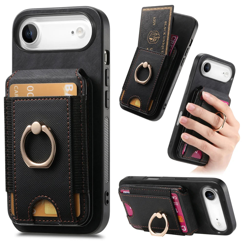 For iPhone Air Case Compatible with MagSafe Leather Back Cover with Detachable Card Holder Kickstand - Black - 1