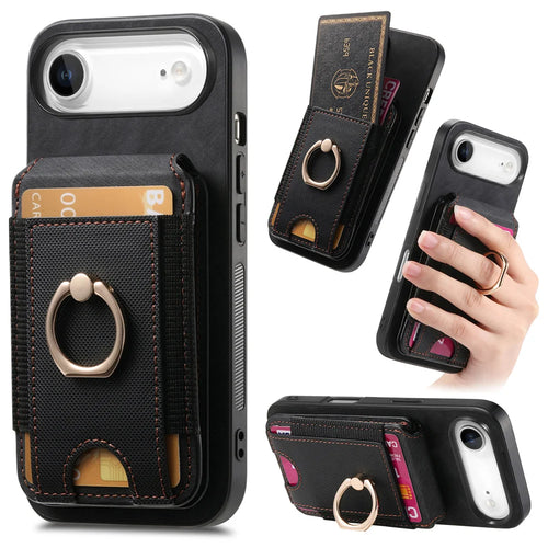 For iPhone Air Case Compatible with MagSafe Leather Back Cover with Detachable Card Holder Kickstand - Black - 1