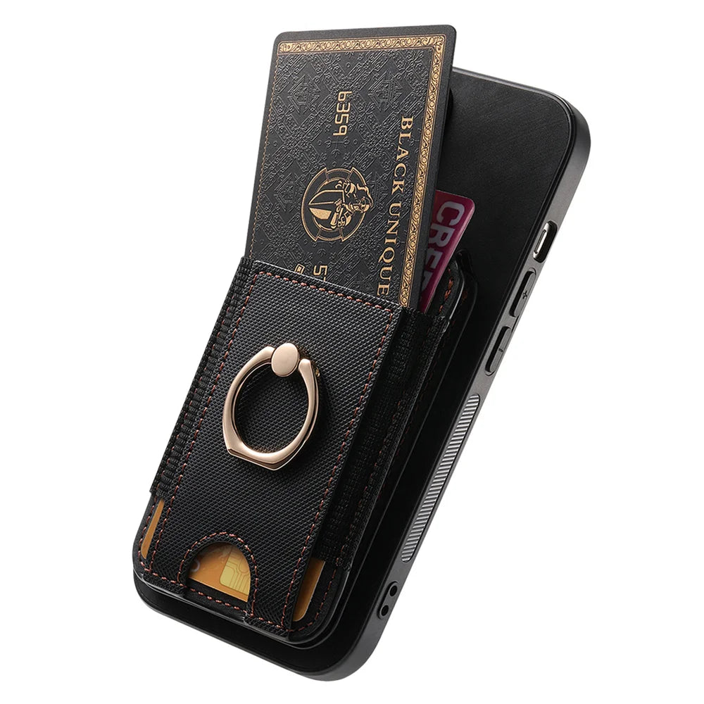 For iPhone Air Case Compatible with MagSafe Leather Back Cover with Detachable Card Holder Kickstand - Black - 2
