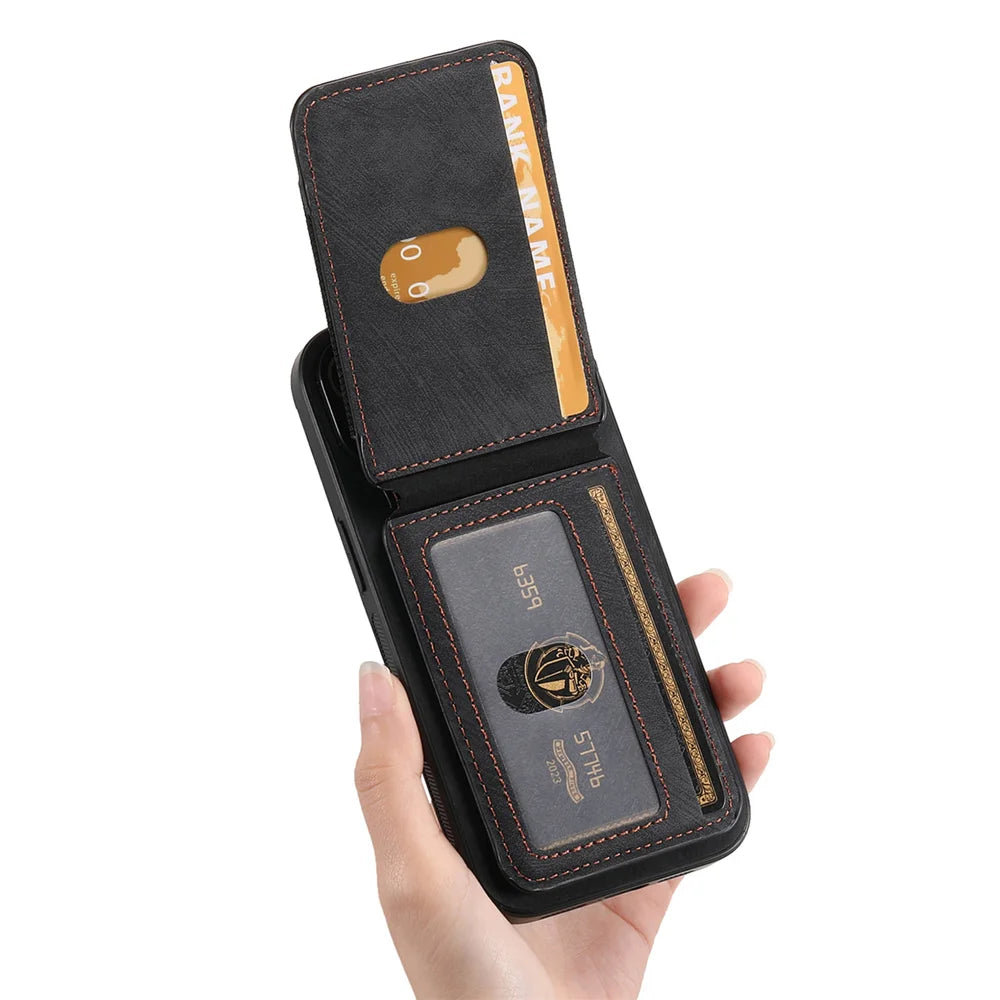 For iPhone Air Case Compatible with MagSafe Leather Back Cover with Detachable Card Holder Kickstand - Black - 3