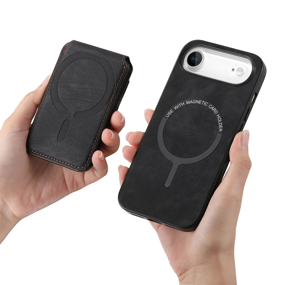 For iPhone Air Case Compatible with MagSafe Leather Back Cover with Detachable Card Holder Kickstand - Black - 4
