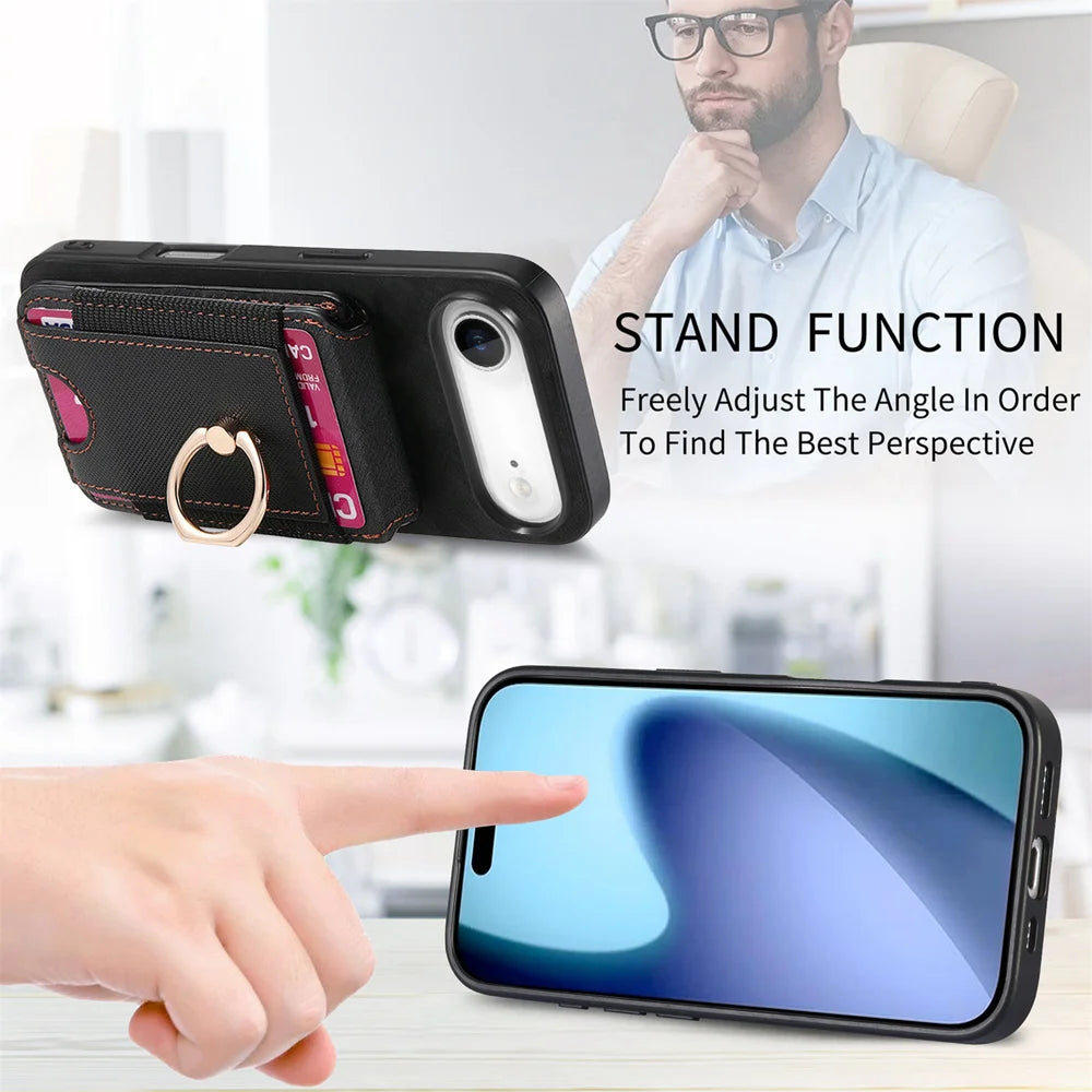For iPhone Air Case Compatible with MagSafe Leather Back Cover with Detachable Card Holder Kickstand - Black - 7