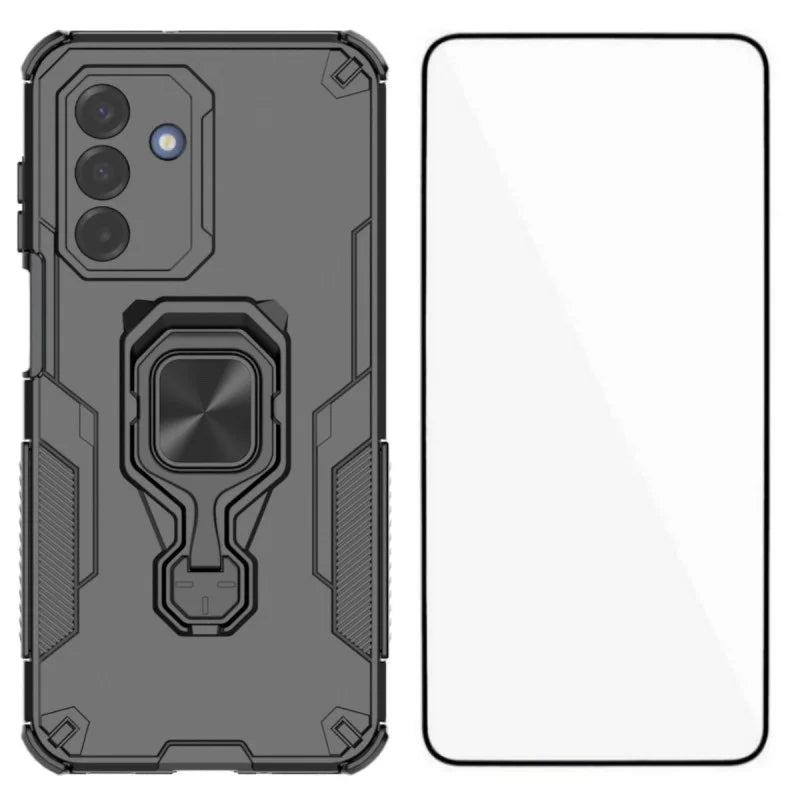 WANLONFENG For Samsung Galaxy A17 5G / A17 4G Phone Case  PC TPU Back Cover Kickstand with Tempered Glass - Black - 1