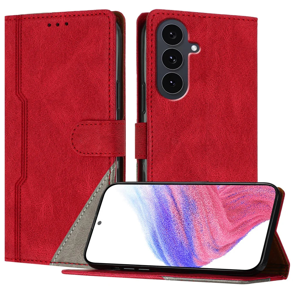 For Samsung Galaxy S25 FE Leather Case Triangle Patchwork Wallet Stand Shockproof Phone Cover - Red - 1