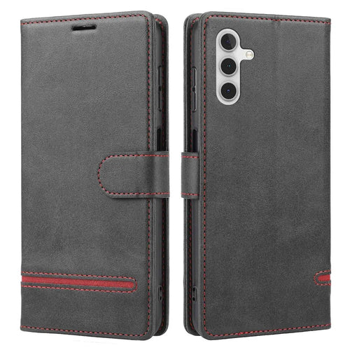 For Samsung Galaxy A14 5G / A14 4G Anti-scratch Phone Cover Stand Shockproof Color Line Decor Flip Leather Magnetic Closing Phone Case Wallet - Black - 1