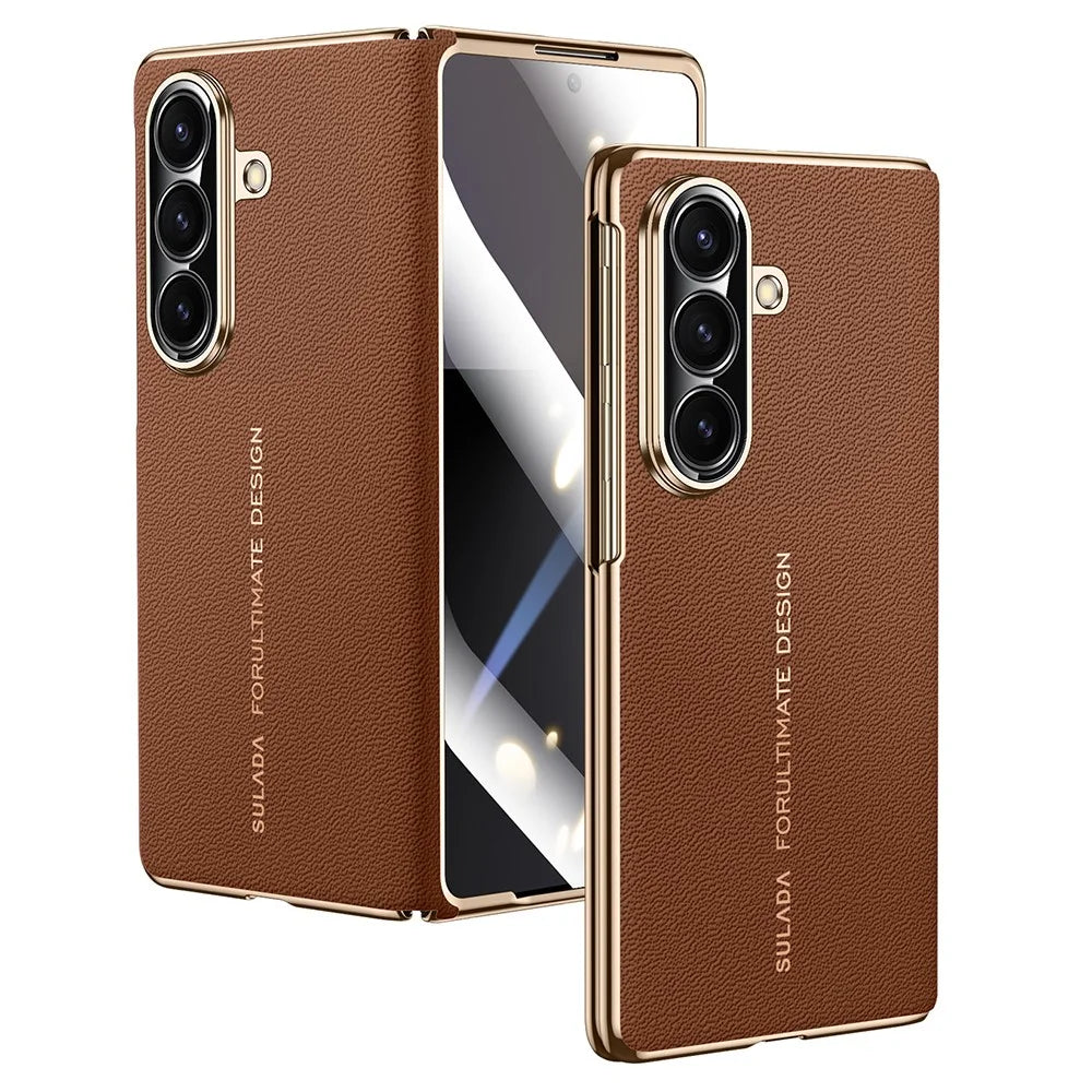 SULADA For Samsung Galaxy Z Fold7 5G Magnetic Case Genuine Cow Leather Phone Cover with Tempered Glass Screen Protector - Brown - 1