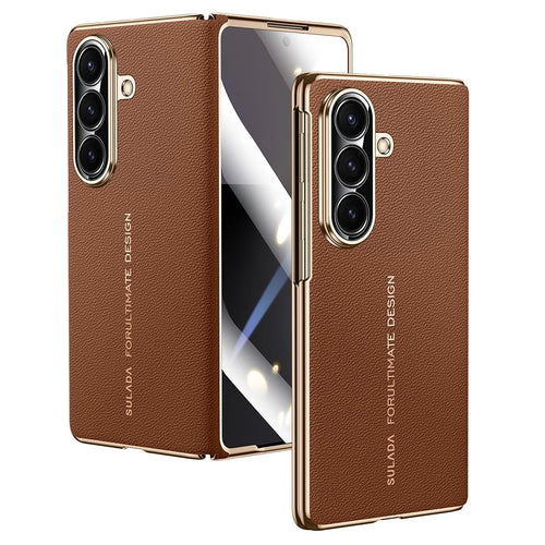 SULADA For Samsung Galaxy Z Fold7 5G Magnetic Case Genuine Cow Leather Phone Cover with Tempered Glass Screen Protector - Brown - 1