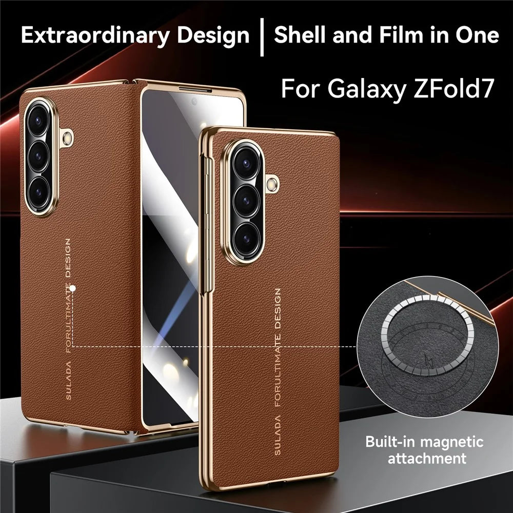 SULADA For Samsung Galaxy Z Fold7 5G Magnetic Case Genuine Cow Leather Phone Cover with Tempered Glass Screen Protector - Brown - 2
