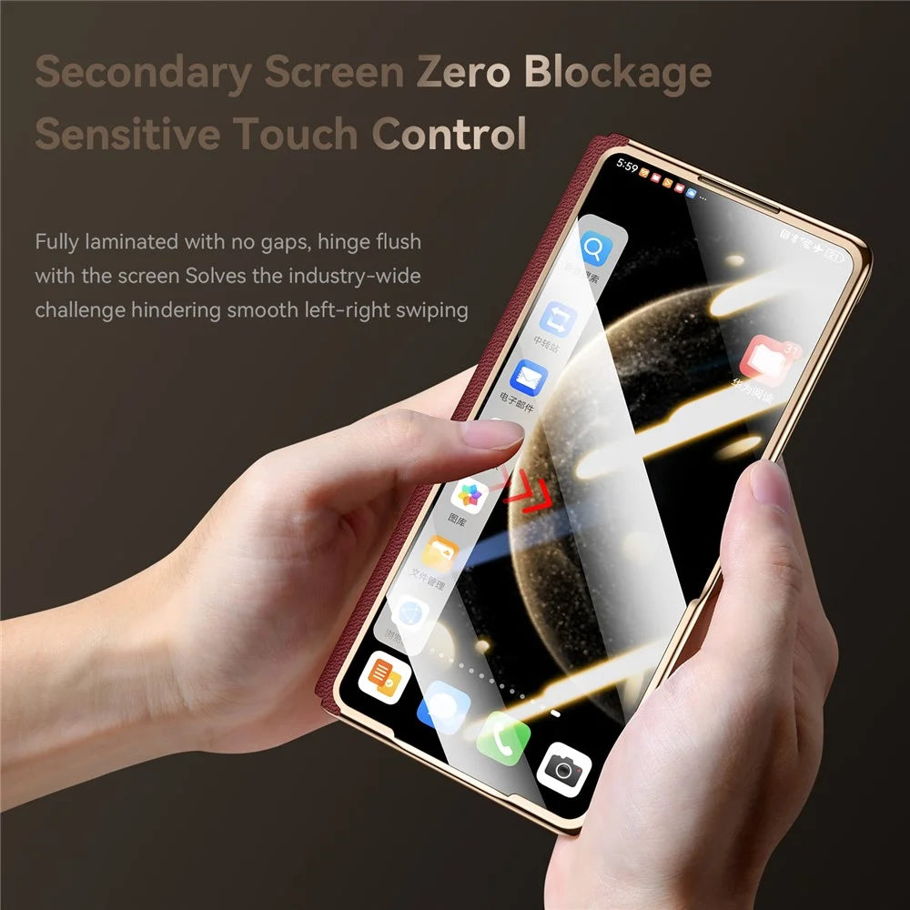 SULADA For Samsung Galaxy Z Fold7 5G Magnetic Case Genuine Cow Leather Phone Cover with Tempered Glass Screen Protector - Brown - 3