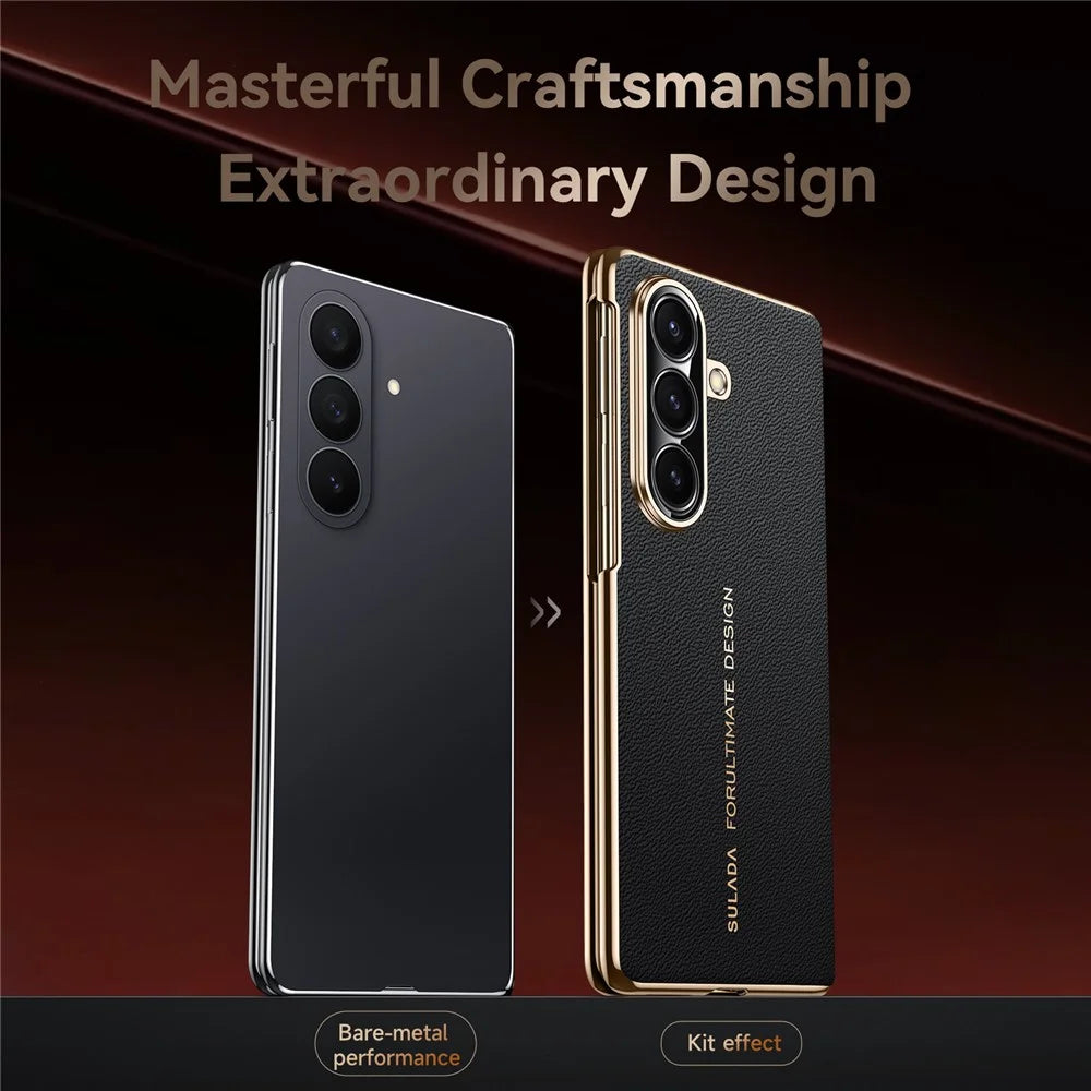 SULADA For Samsung Galaxy Z Fold7 5G Magnetic Case Genuine Cow Leather Phone Cover with Tempered Glass Screen Protector - Brown - 5