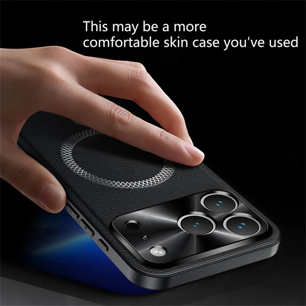 For iPhone 17 Pro Case Compatible with MagSafe PU TPU PC Phone Back Cover with Metal Lens Frame - Black - 2