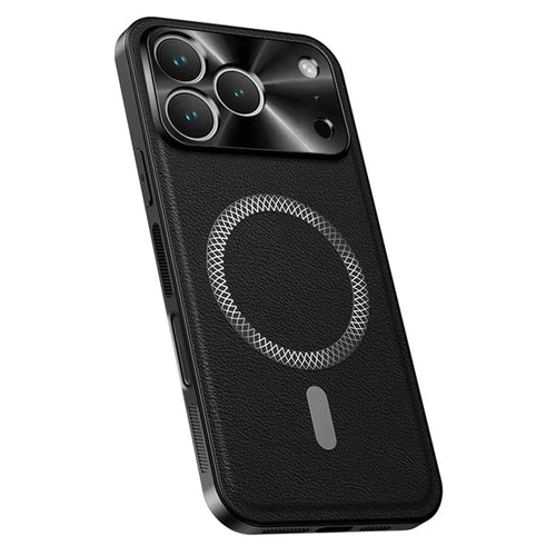 For iPhone 17 Pro Max Case Compatible with MagSafe PU TPU PC Phone Back Cover with Metal Lens Frame - Black - 1