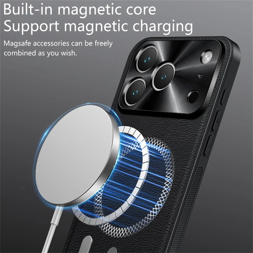 For iPhone 17 Pro Max Case Compatible with MagSafe PU TPU PC Phone Back Cover with Metal Lens Frame - Black - 3