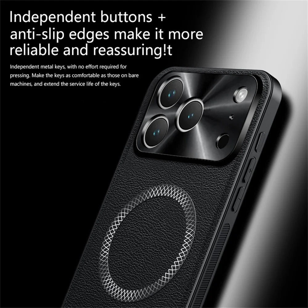 For iPhone 17 Pro Max Case Compatible with MagSafe PU TPU PC Phone Back Cover with Metal Lens Frame - Black - 4
