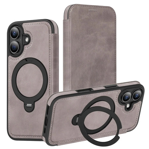 For iPhone 17 Case Compatible with MagSafe RFID Blocking Leather Wallet Cover with Rotating Ring Kickstand - Grey - 1