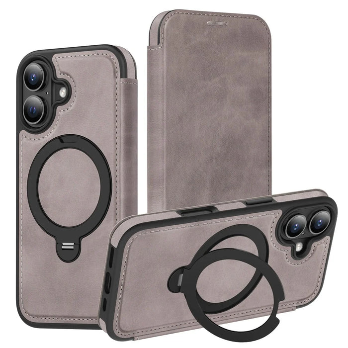 For iPhone 17 Case Compatible with MagSafe RFID Blocking Leather Wallet Cover with Rotating Ring Kickstand - Grey - 1