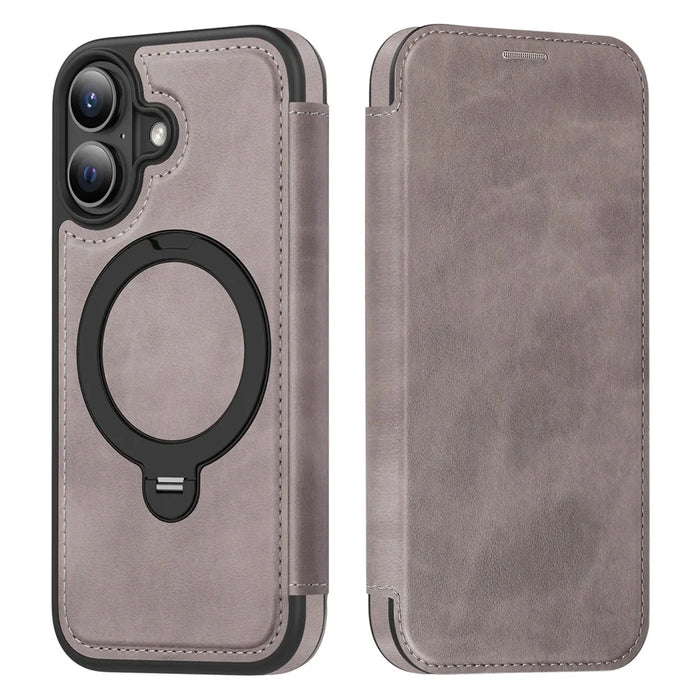 For iPhone 17 Case Compatible with MagSafe RFID Blocking Leather Wallet Cover with Rotating Ring Kickstand - Grey - 2