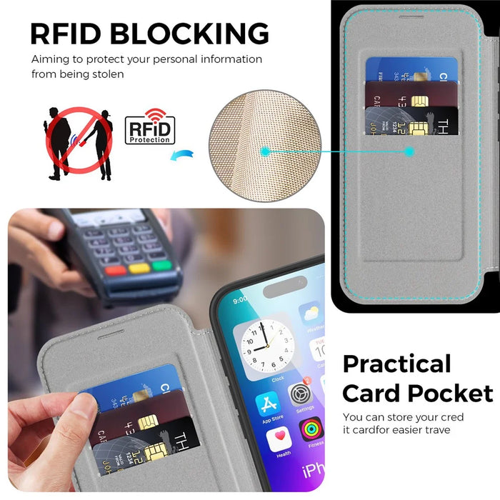 For iPhone 17 Case Compatible with MagSafe RFID Blocking Leather Wallet Cover with Rotating Ring Kickstand - Grey - 3