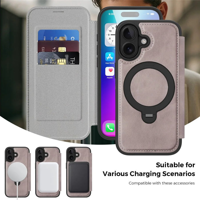 For iPhone 17 Case Compatible with MagSafe RFID Blocking Leather Wallet Cover with Rotating Ring Kickstand - Grey - 4