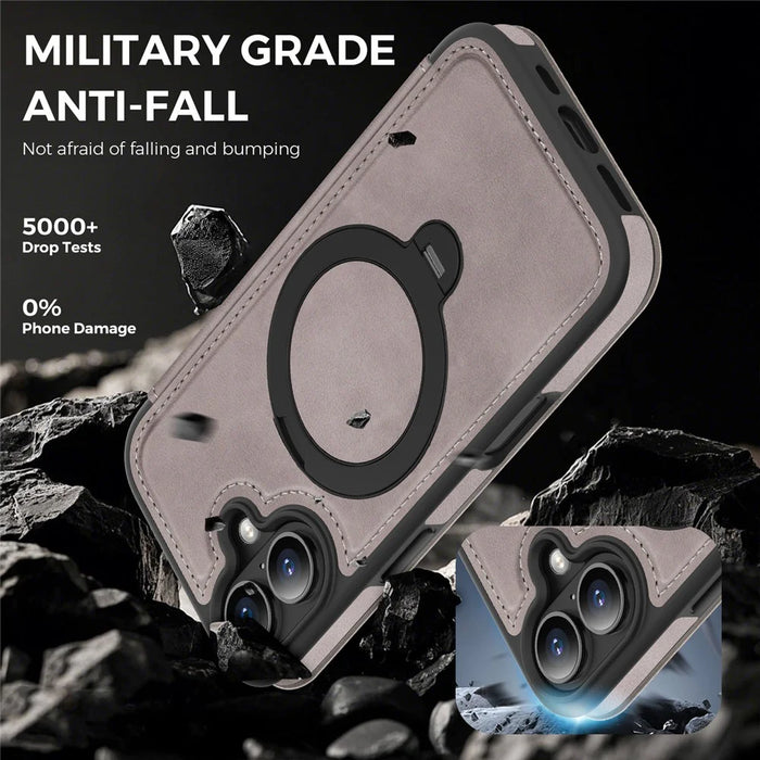 For iPhone 17 Case Compatible with MagSafe RFID Blocking Leather Wallet Cover with Rotating Ring Kickstand - Grey - 5