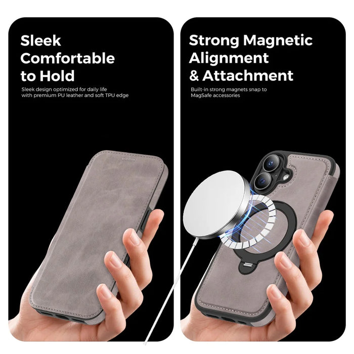 For iPhone 17 Case Compatible with MagSafe RFID Blocking Leather Wallet Cover with Rotating Ring Kickstand - Grey - 7