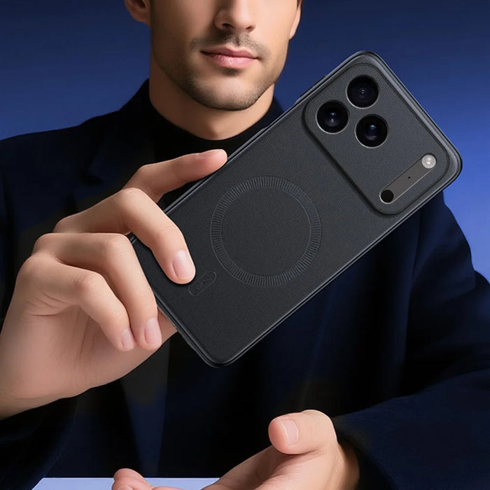 For iPhone 17 Pro Max Case Compatible with MagSafe Leather Coated TPU + PC Phone Cover - Black - 3