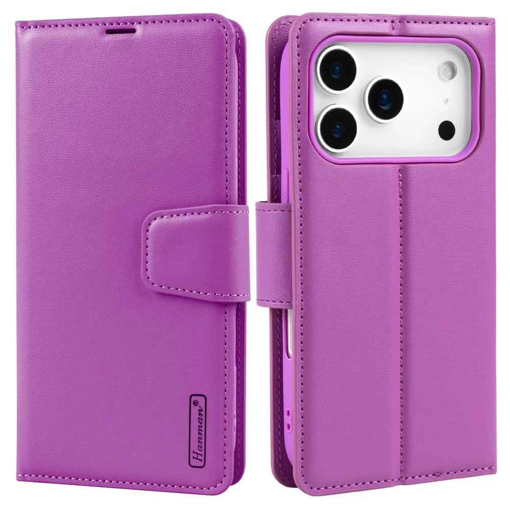 HANMAN Mill Series for iPhone 17 Pro Max Case Wallet Stand PU Leather Phone Cover - Purple - 1