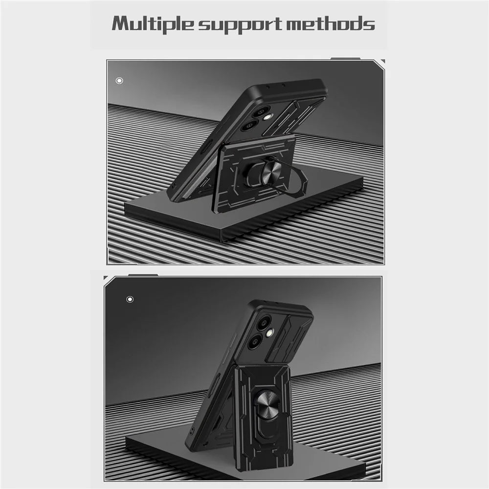 For Samsung Galaxy A08 5G / A08 4G / A07 5G / A07 4G Case PC + TPU Kickstand Phone Back Cover with Camera Slider - Black - 5