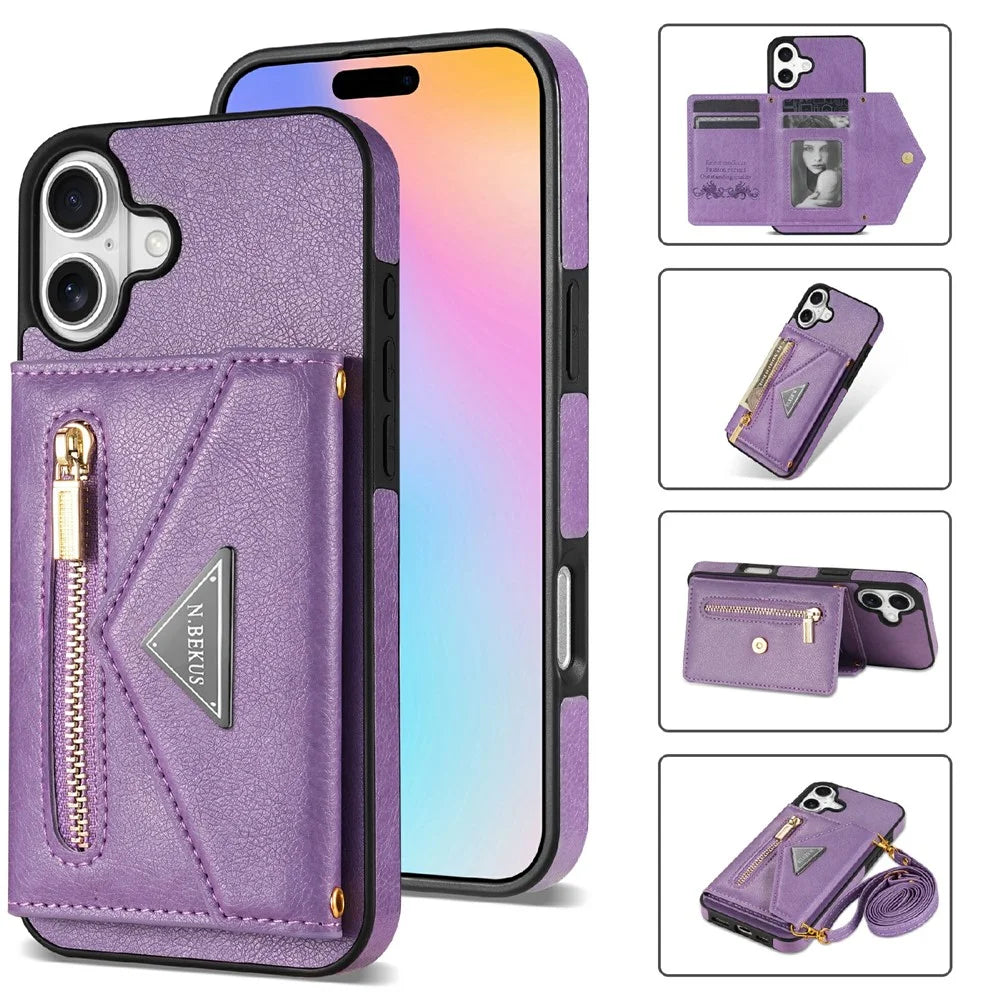 N.BEKUS For iPhone 17 Leather Zipper Case Card Holder Phone Cover with Shoulder Strap - Purple - 1