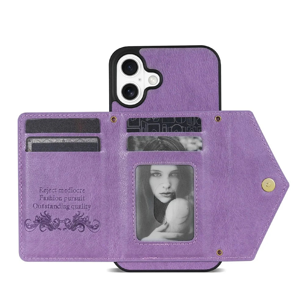 N.BEKUS For iPhone 17 Leather Zipper Case Card Holder Phone Cover with Shoulder Strap - Purple - 2