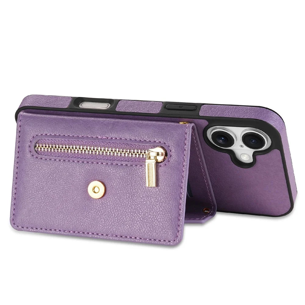 N.BEKUS For iPhone 17 Leather Zipper Case Card Holder Phone Cover with Shoulder Strap - Purple - 4