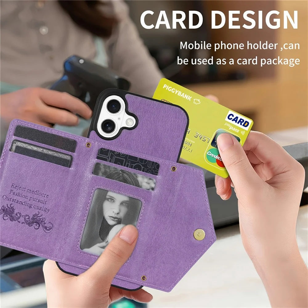N.BEKUS For iPhone 17 Leather Zipper Case Card Holder Phone Cover with Shoulder Strap - Purple - 5