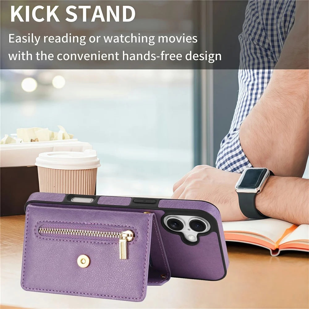 N.BEKUS For iPhone 17 Leather Zipper Case Card Holder Phone Cover with Shoulder Strap - Purple - 6
