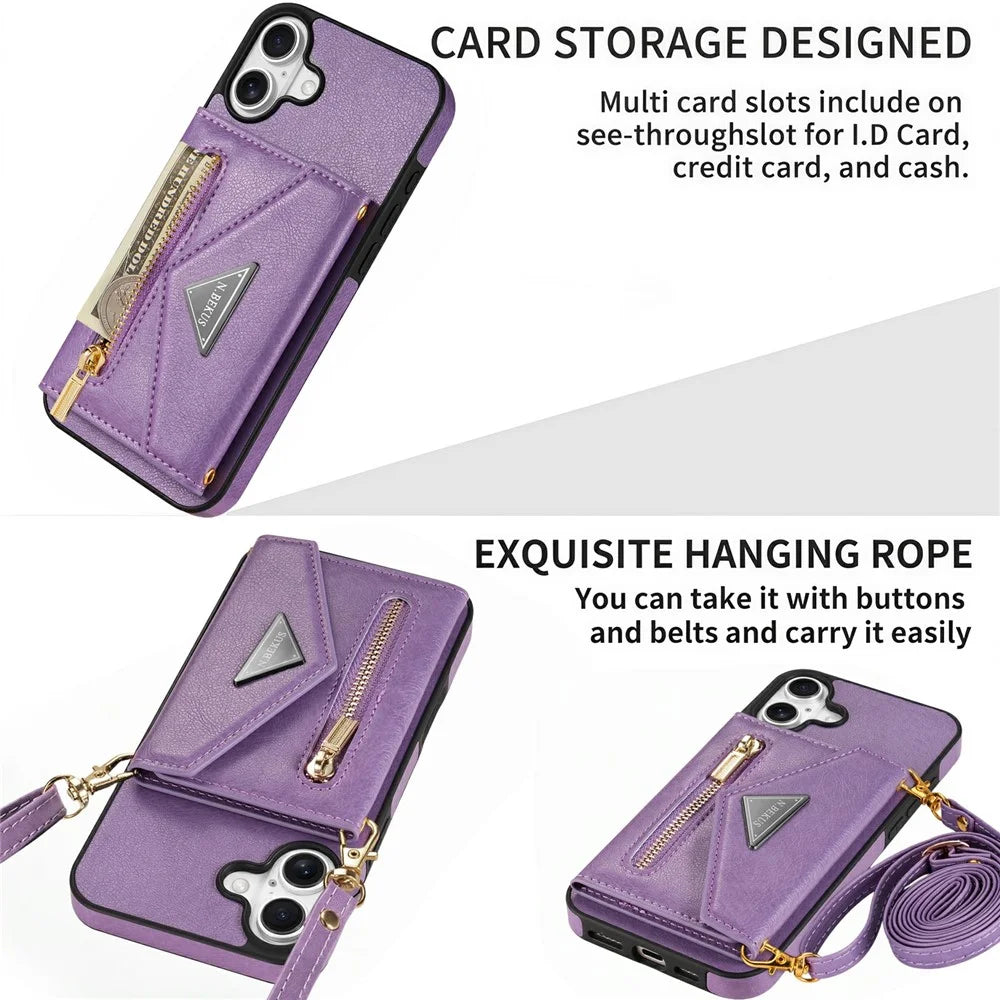 N.BEKUS For iPhone 17 Leather Zipper Case Card Holder Phone Cover with Shoulder Strap - Purple - 7