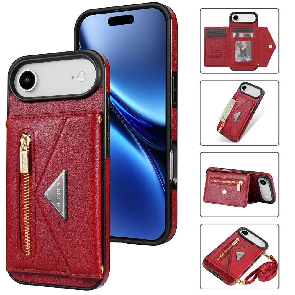 N.BEKUS For iPhone Air Leather Zipper Case Card Holder Phone Cover with Shoulder Strap - Red - 1