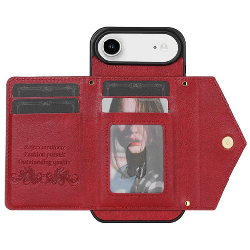 N.BEKUS For iPhone Air Leather Zipper Case Card Holder Phone Cover with Shoulder Strap - Red - 2