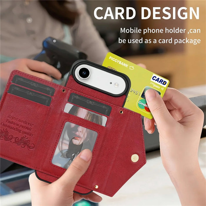 N.BEKUS For iPhone Air Leather Zipper Case Card Holder Phone Cover with Shoulder Strap - Red - 6
